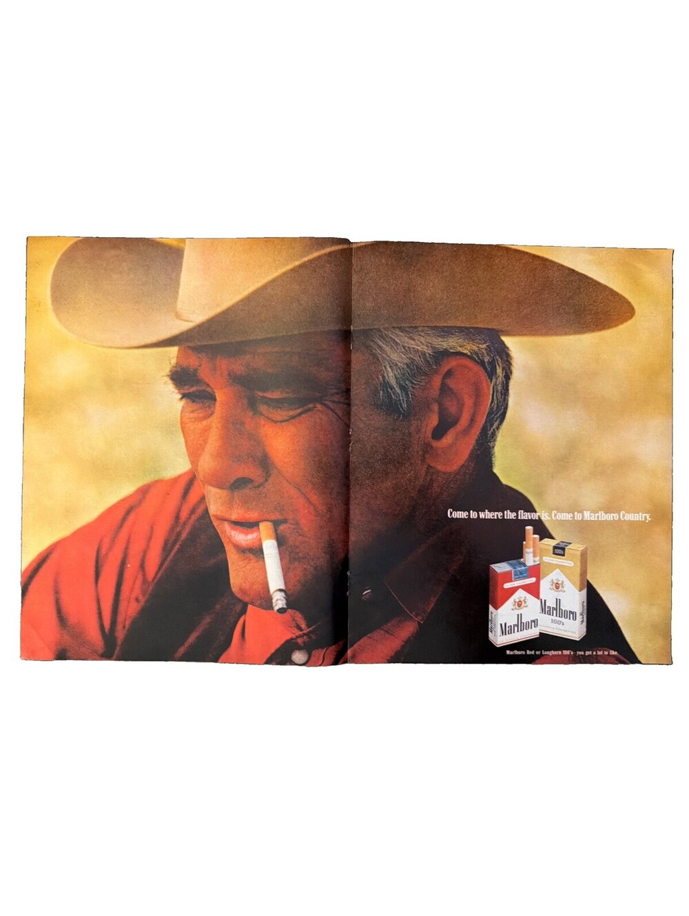 1970 Marlboro Cigarette Print Ad Two Page Man Smoking Cowboy Hat Vest Western